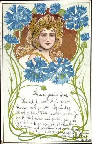 Jugendstil Ak Portrait einer Frau, Blumen