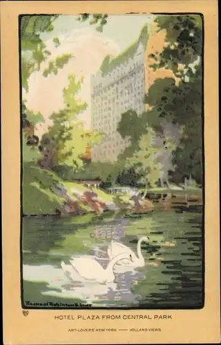 Künstler Ak Elmer, R. R., New York City USA, Hotel Plaza from Central Park, Schwäne