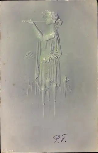 Relief Ak Junge Frau spielt Flöte, Profilansicht