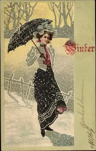 Präge Ak Dame im Schneetreiben, Winter, Regenschirm