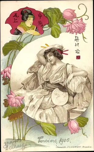 Litho Portrait einer jungen Frau in asiatischer Tracht, Fächer, Blumen