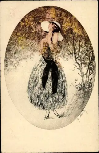 Künstler Ak Hardy, Jean, Art Deco, Frau unter einem Baum, Herbstlaub