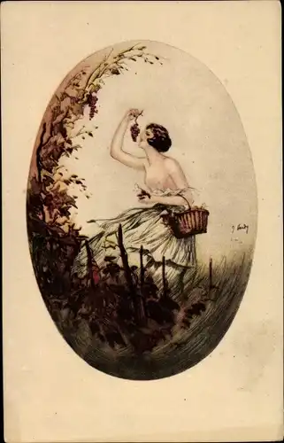 Künstler Ak Hardy, Jean, Art Deco, Barbusige Frau bei der Weinlese