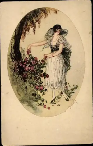 Künstler Ak Hardy, Jean, Art Deco, Frau an einem Rosenbusch