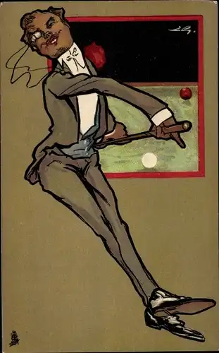 Künstler Ak Billardspieler am Spieltisch