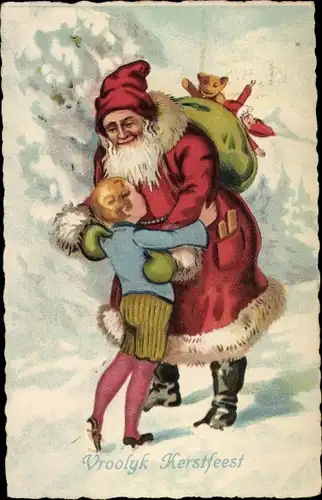 Ak Glückwunsch Weihnachten, Junge umarmt Weihnachtsmann