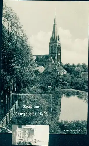 Leporello Ak Borghorst Steinfurt in Nordrhein Westfalen, Katholische Pfarrkirche, Bahnhof