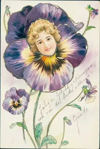 Litho Portrait einer jungen Frau, Stiefmütterchen, Glitzer