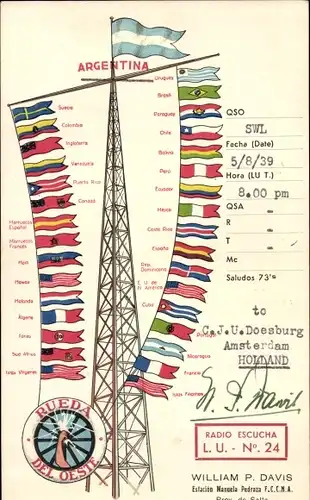 Ak Argentinien, Flaggensignale, Rueda del Oeste, QSL Funkerkarte, William P. Davis, QSO SWL, 1939