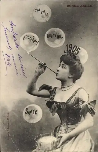 Ak Glückwunsch Neujahr, Bonne Année 1905, Frau, Seifenblasen, Travail, Bonheur, Santé, Prosperité