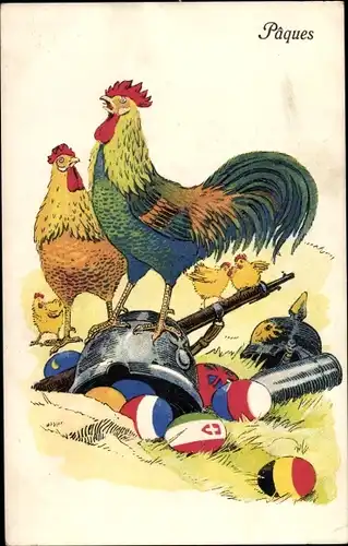 Ak Glückwunsch Ostern, Hahn auf eroberten Helmen, Ostereier in Farben der Alliierten, I. WK