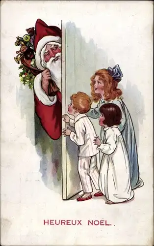 Ak Frohe Weihnachten, Heureux Noel, Weihnachtsmann an der Tür, Kinder