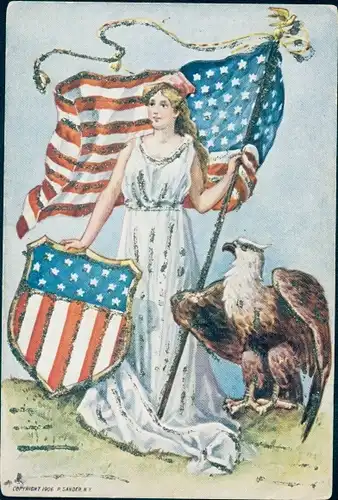 Glitzer Präge Litho USA, Frau mit Flagge, Wappen, Adler