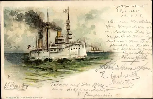Künstler Litho Deutsche Kriegsschiffe SMS Deutschland und SMS Gefion, Kaiserliche Marine