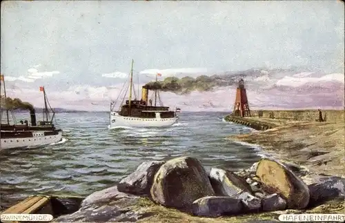 Künstler Ak Świnoujście Swinemünde Pommern, Hafeneinfahrt, Passagierdampfer