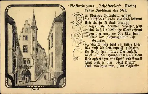 Ak Mainz am Rhein, Hofbräuhaus Schöfferhof, Erstes Druckhaus der Welt, Gutenberg, Gedicht