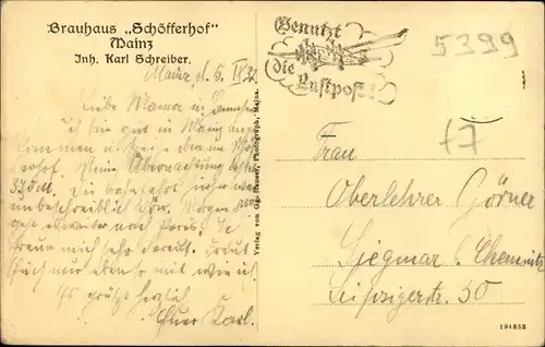 Ak Mainz am Rhein, Hofbräuhaus Schöfferhof, Erstes Druckhaus der Welt, Gutenberg, Gedicht