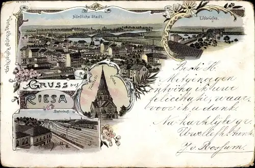 Litho Riesa an der Elbe Sachsen, Nördliche Stadt, Elbbrücke, Trinitatiskirche, Bahnhof