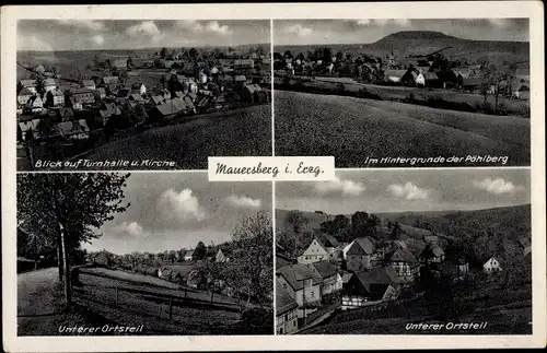 Ak Mauersberg Großrückerswalde Erzgebirge, Panorama, Kirche, Turnhalle, Pöhlberg, unterer Ortsteil