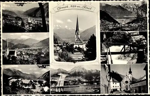 Ak Imst in Tirol, Panorama, Kirche, Freibad, Straßenpartie, Geschäft