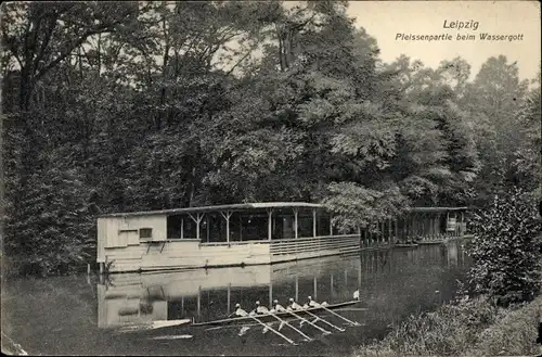 Ak Connewitz Leipzig in Sachsen, Pleißenpartie beim Wassergott, Ruderboot