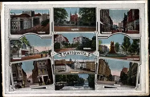 Ak Katowice Kattowitz Oberschlesien, Kirche, Stadttheater, Hauptbahnhof, Straßenpartien, Denkmal