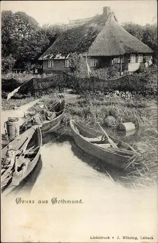 Ak Gothmund Sankt Gertrud Hansestadt Lübeck, Fischerdorf, Ortspartie, Boote