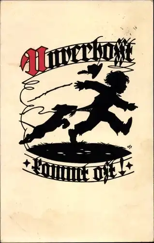 Scherenschnitt Ak Unverhoff kommt oft, Junge läuft vor Hund davon