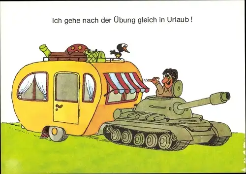 Künstler Ak Jankofsky, Ich gehe nach der Übung gleich in Urlaub, NVA Panzer mit Wohnwagen, Soldat