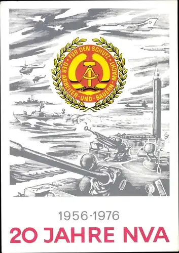 Künstler Ak 20 Jahre NVA 1976, DDR, Panzer, Kriegsschiffe, Hubschrauber