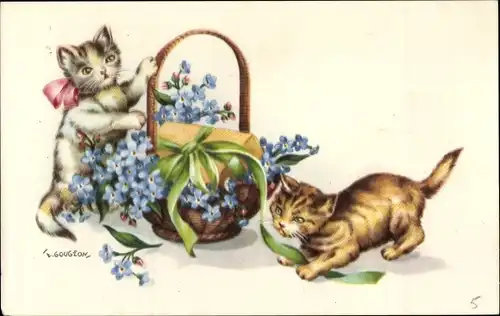 Künstler Ak Gougeon, T., Zwei kleine Katzen und ein Blumenkorb, Geschenk, Vergissmeinnicht