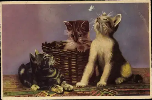 Ak Drei Katzen mit Weidenkorb und Schmetterling