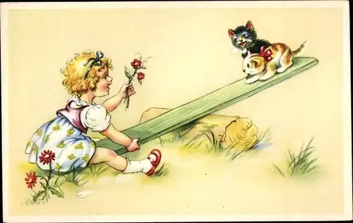 Ak Mächen und zwei kleine Katzen auf einer Wippe