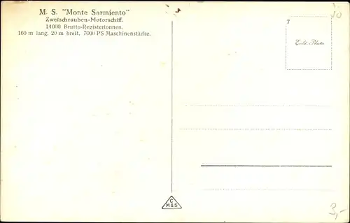 Ak Zweischrauben Motorschiff Monte Sarmiento, HSDG