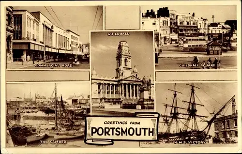 Ak Portsmouth Hampshire England, Commercial Road, Guildhall, Guildhall Square, H.M.S. Victory