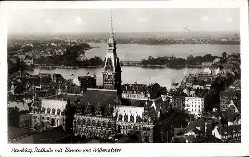 Ak Hamburg, Rathaus mit Binnen- und Außenalster