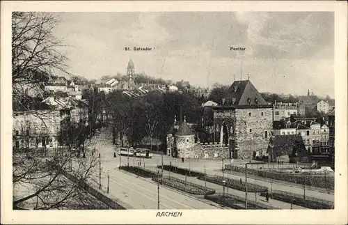 Ak Aachen in Nordrhein Westfalen, St. Salvador, Ponttor, Straßenbahn