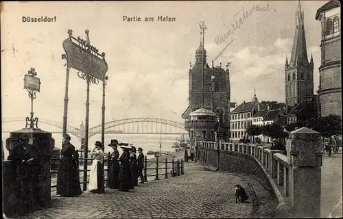 Ak Düsseldorf am Rhein, Partie am Hafen, Schiffsanleger, Rheinbrücke