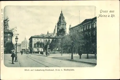 Ak Mainz am Rhein, Blick auf Gutenberg Denkmal, Dom u. Marktplatz