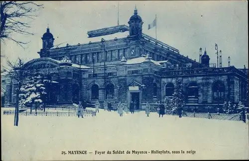 Mondschein Ak Mainz am Rhein, Foyer du Soldat, Halleplatz, sous la neige, Winter