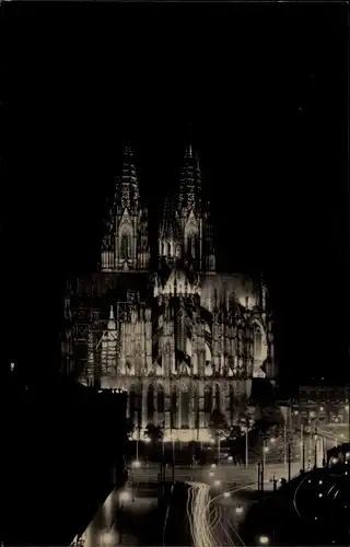 Ak Köln am Rhein, Dombeleuchtung bei Nacht, Panorama, Pressa