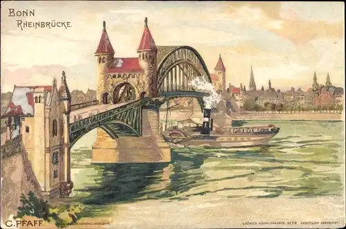 Künstler Litho Pfaff, C., Bonn am Rhein, Rheinbrücke, Dampfer