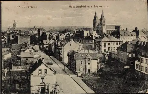 Ak Landau in der Pfalz, Hauptansicht von Süden aus, Straße, Kirche