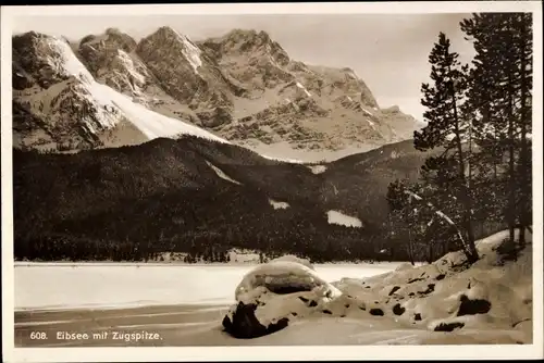 Ak Grainau in Oberbayern, Eibsee, mit Zugspitze, Winterlandschaft