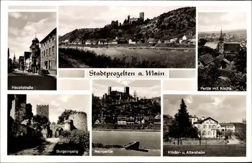 Ak Stadtprozelten am Main Unterfranken, Hauptstraße, Kirche, Kinder- und Altersheim, Burg