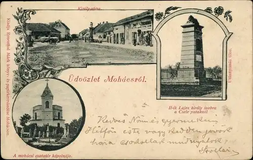 Ak Mohács Mohatsch Ungarn, Straßenpartie, Denkmal, Kirche