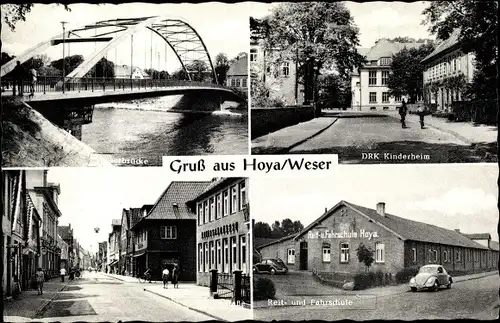 Ak Hoya an der Weser, Weserbrücke, DRK Kinderheim, Reit- u. Fahrschule, Straßenpartie