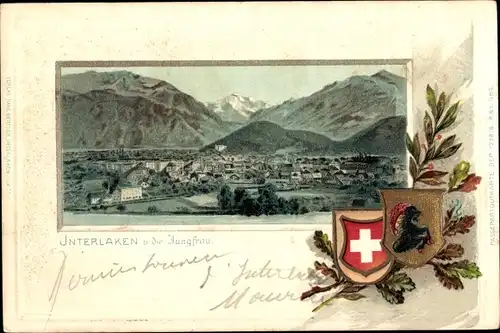 Präge Wappen Passepartout Litho Interlaken Kt. Bern Schweiz, Stadtpanorama mit Jungfrau