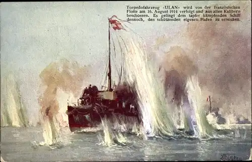 Künstler Ak Österreichisches Kriegsschiff, Ulan, Torpedoschiff, KuK Kriegsmarine