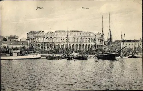 Ak Pola Pula Kroatien, Dampfer Brioni II im Hafen, Arena
